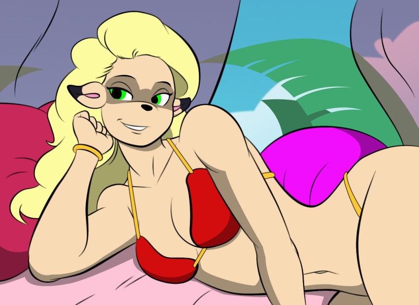 animal_humanoid anthro bikini blonde_hair bovid bovine breasts cattle clothed clothing digital_media_(artwork) female fur green_eyes hair humanoid hybrid looking_at_viewer mammal procyonid raccoon smile solo swimwear tail teenager thestarwarrior young