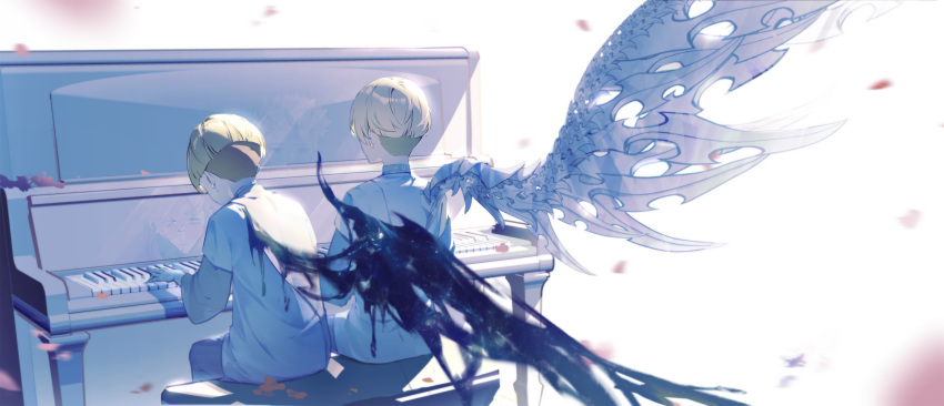2boys absurdres aged_down brothers child contrast different_reflection from_behind highres instrument jieyisleep liquid_wings long_sleeves male_focus millions_knives motion_blur multiple_boys music petals piano piano_bench playing_instrument playing_piano reflection short_hair siblings side-by-side sitting skeletal_wings trigun trigun_stampede twins undercut vash_the_stampede white_background wings