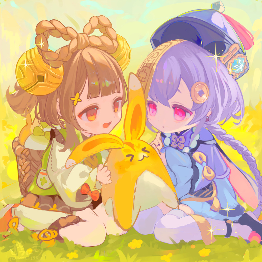 2girls absurdres animal backpack_basket blue_dress blue_footwear blunt_bangs bow bow-shaped_hair braid braided_hair_rings braided_ponytail cape chinese_clothes chinese_commentary commentary dress field genshin_impact green_dress gyuunyuu_(unc_135) hair_ornament hat highres holding holding_animal jiangshi long_hair long_sleeves looking_at_another mixed-language_commentary multiple_girls ofuda_on_head open_mouth orange_eyes orange_hair outdoors puffy_long_sleeves puffy_sleeves purple_cape purple_hair purple_headwear qing_guanmao qiqi_(genshin_impact) shirt sitting smile sparkle thighhighs wariza white_thighhighs yaoyao_(genshin_impact) yellow_bow yellow_shirt yuegui_(genshin_impact)