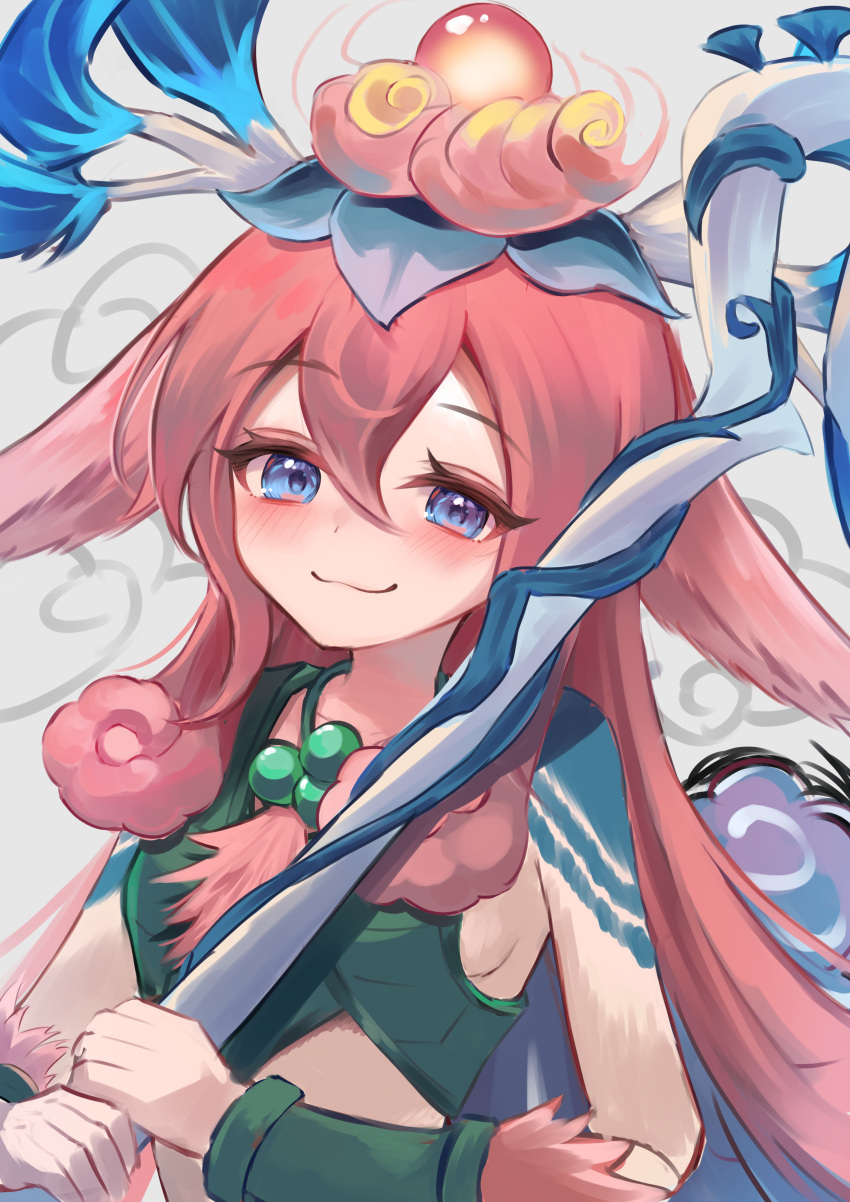 1girl absurdres animal_ears antlers bare_shoulders bead_necklace beads blue_eyes blush breasts closed_mouth gem hair_between_eyes hair_ornament highres holding holding_wand horse_ears jewelry league_of_legends lillia_(league_of_legends) long_hair momikodayo necklace red_hair shan_hai_scrolls_lillia simple_background small_breasts smile solo upper_body wand white_background