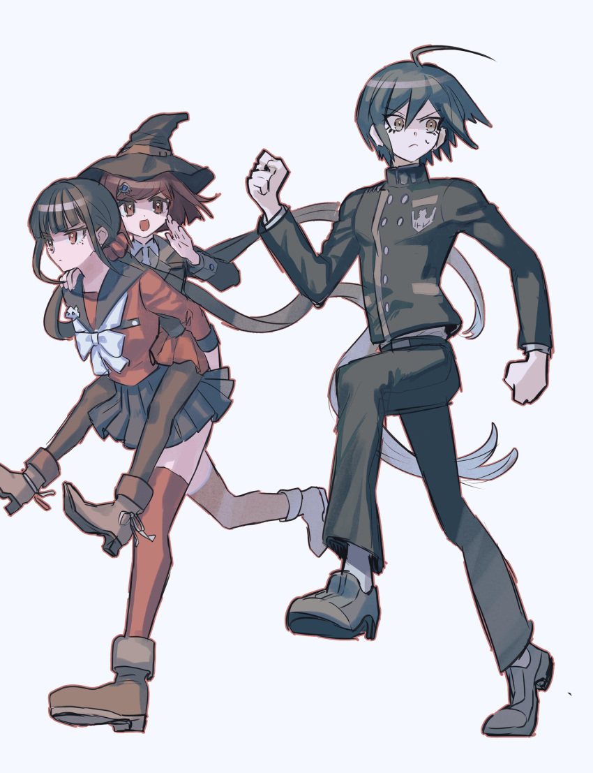 1boy 2girls :d ahoge black_footwear black_hair black_headwear black_jacket black_pants black_sailor_collar black_skirt brown_footwear brown_pantyhose buttons carrying clenched_hand danganronpa_(series) danganronpa_v3:_killing_harmony full_body hair_ornament hairclip harukawa_maki hat highres jacket long_hair long_sleeves looking_to_the_side low_twintails miniskirt mole mole_under_eye multiple_girls pants pantyhose piggyback pleated_skirt red_eyes red_scrunchie red_shirt red_thighhighs saihara_shuichi sailor_collar scrunchie shirt short_hair simple_background skirt smile thighhighs twintails visket53 white_background witch_hat yumeno_himiko