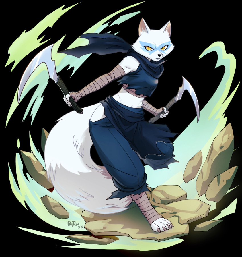 alopex anthro arctic_fox canid canine clothed clothing dual_wielding female fox hi_res holding_object holding_weapon looking_at_viewer mammal melee_weapon midriff powree rock scarf sickle solo teenage_mutant_ninja_turtles torn_clothing weapon