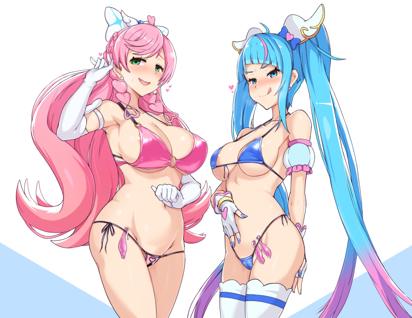 2girls bar_censor bikini blue_bikini blue_eyes blue_hair bow breasts censored closed_mouth condom condom_belt crotchless crotchless_swimsuit cure_prism cure_sky elbow_gloves gloves gradient_hair green_eyes hair_ornament heart highres hirogaru_sky!_precure large_breasts licking_lips long_hair magical_girl multicolored_hair multiple_girls nijigaoka_mashiro open_mouth pink_bikini pink_hair precure pussy smile sora_harewataru streaked_hair swimsuit tongue tongue_out twintails twogie very_long_hair white_gloves