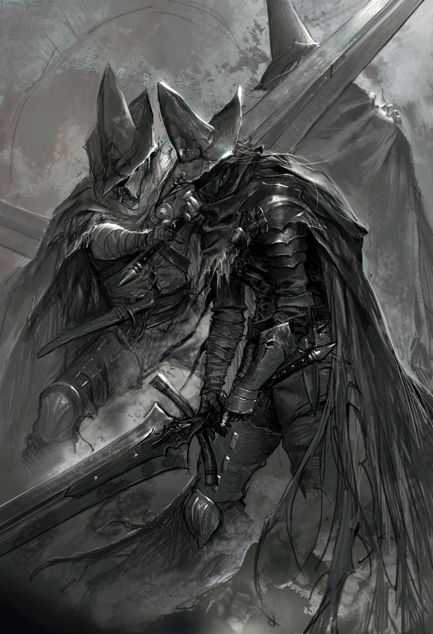 3boys absurdres abyss_watcher armor cape covered_eyes dagger dark_souls_(series) dark_souls_iii dual_wielding fantasy full_armor gauntlets greatsword greyscale helmet highres holding holding_dagger holding_knife holding_sword holding_weapon junjiuk knife knights_(ensemble_stars!) monochrome multiple_boys pauldrons shoulder_armor standing sword torn_cape torn_clothes weapon