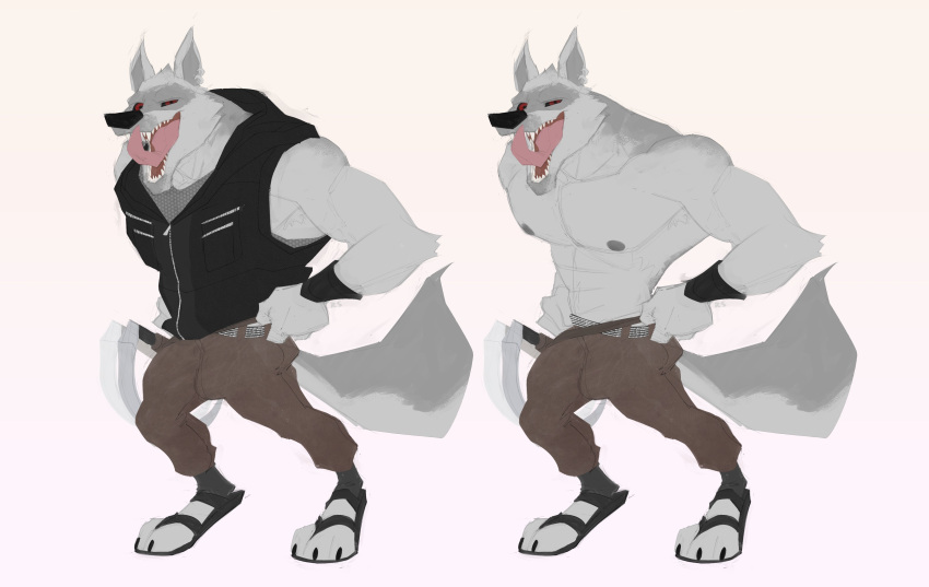 absurd_res anthro athletic athletic_male black_sclera canid canine canis clothing death_(puss_in_boots) fangs footwear hi_res licking licking_lips licking_own_lips male mammal red_eyes ripped-saurian sandals sickle sleeveless_hoodie solo teeth tongue tongue_out wolf wristband