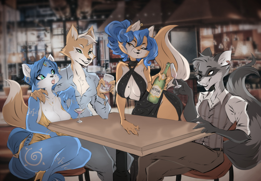 anthro blue_body blue_fur blue_hair breasts canid canine carmelita_fox cleavage clothed clothing date double_date dress dress_shirt dullvivid ear_piercing ear_ring facial_markings female fox fox_mccloud fur furniture grey_body grey_fur grin group hair half-closed_eyes head_markings hi_res inner_side_boob krystal male mammal markings mask_(marking) multicolored_body multicolored_fur narrowed_eyes nintendo one_eye_closed orange_body orange_fur piercing procyonid raccoon ring_(marking) ring_piercing ringtail shirt skimpy_dress sly_cooper sly_cooper_(series) smile sony_corporation sony_interactive_entertainment star_fox sucker_punch_productions table tail tail_markings topwear tribal tribal_markings two_tone_body two_tone_fur vest white_body white_fur white_hair wide_eyed wink