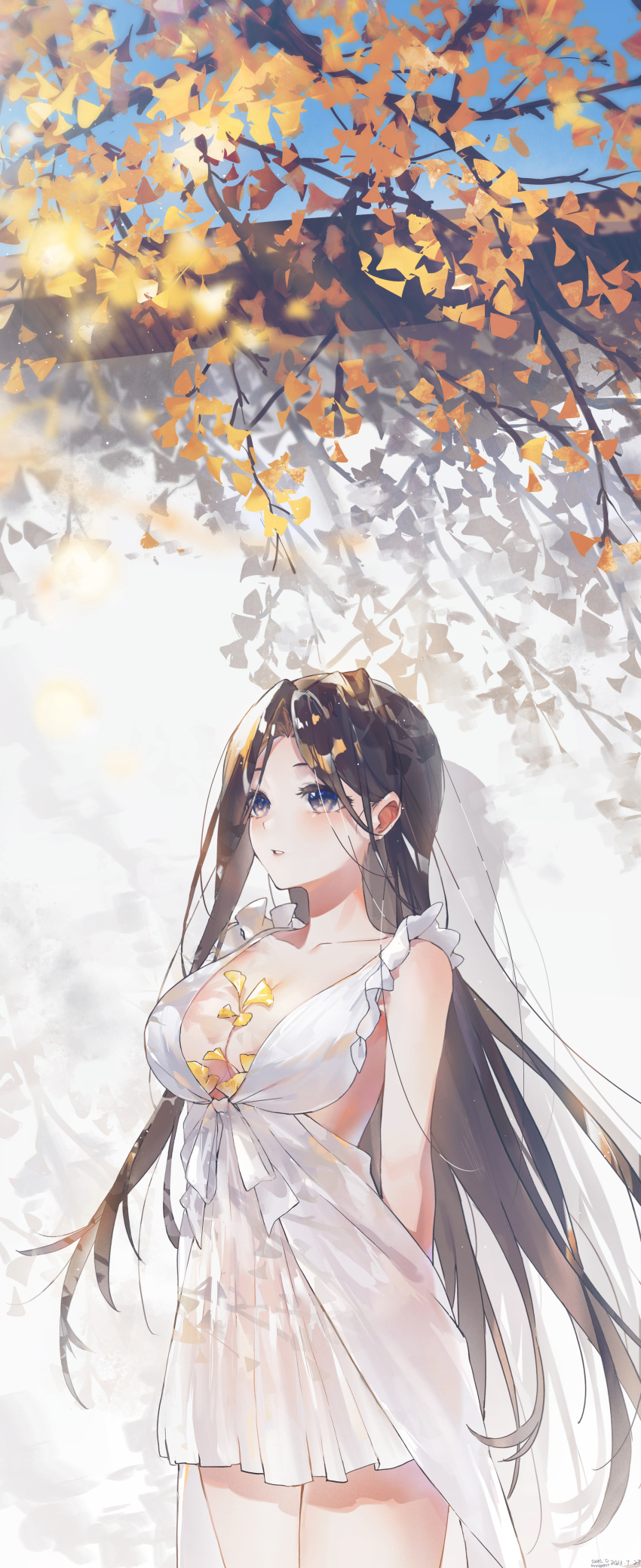 1girl absurdres arms_behind_back bare_shoulders blush breasts center_opening cleavage collarbone dated dress ginkgo_leaf ginkgo_tree highres large_breasts leaf long_hair original signature sleeveless solo standing swkl:d white_dress