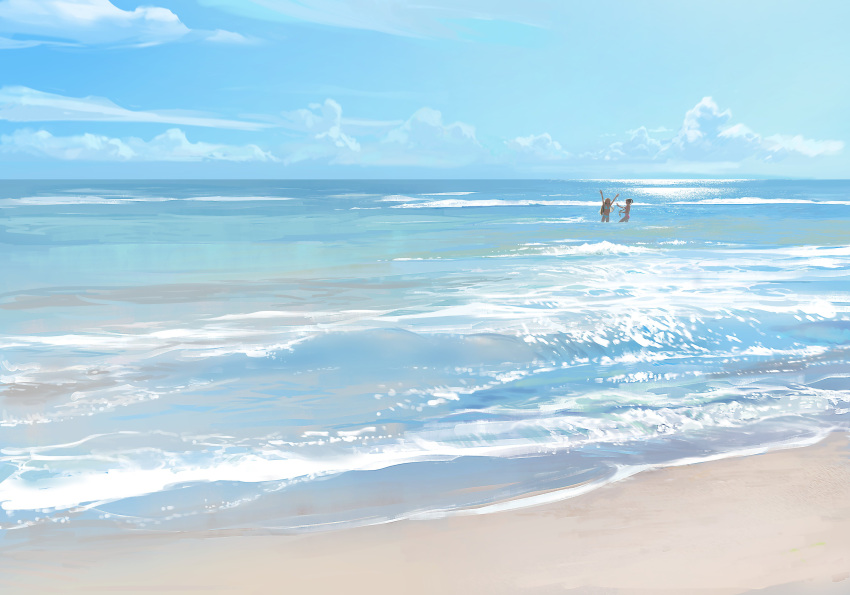 2girls absurdres beach bikini blue_bikini blue_sky braid braided_ponytail brown_hair cloud day highres long_hair luimiart multiple_girls original outdoors pink_bikini ponytail sand scenery sky swimsuit water