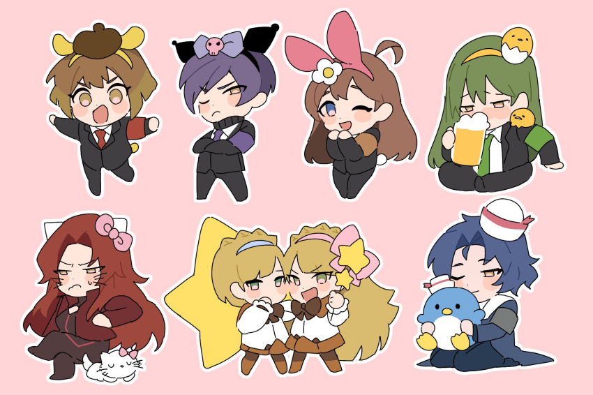 4boys 4girls beer_mug black_jacket black_pants blonde_hair blue_eyes blue_hair brown_eyes brown_hair charmmy_kitty charmmy_kitty_(cosplay) chesed_(project_moon) cosplay cup gebura_(project_moon) green_hair gudetama hairband highres hod_(project_moon) jacket kiki_(little_twin_stars) kiki_(little_twin_stars)_(cosplay) kuromi kuromi_(cosplay) lala_(little_twin_stars) lala_(little_twin_stars)_(cosplay) lobotomy_corporation long_hair malkuth_(project_moon) mu46016419 mug multiple_boys multiple_girls my_melody my_melody_(cosplay) netzach_(project_moon) pants pink_background pompompurin pompompurin_(cosplay) project_moon purple_hair red_hair sanrio simple_background tiphereth_a_(project_moon) tiphereth_b_(project_moon) very_long_hair yellow_hairband yesod_(project_moon)