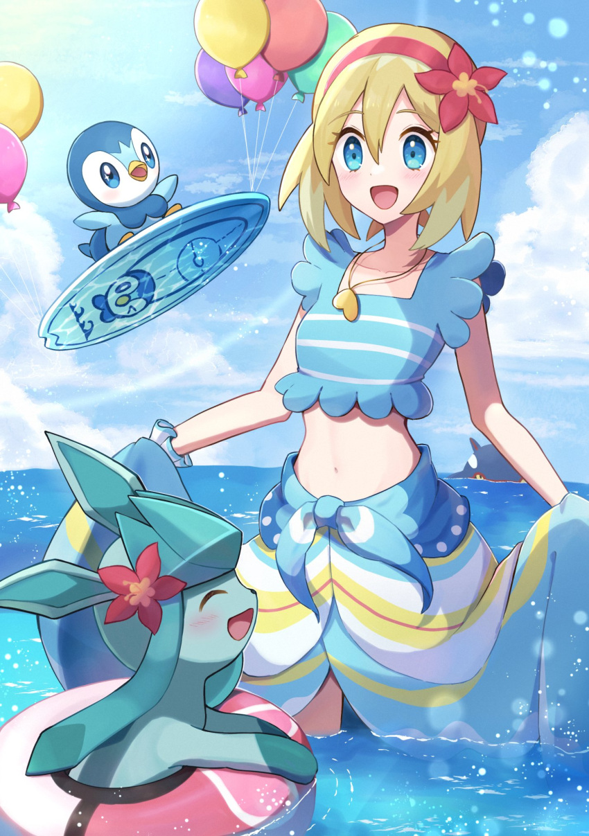 1girl balloon blonde_hair blue_eyes blue_sky cloud cloudy_sky cosplay flower glaceon gloria_(pokemon) gloria_(pokemon)_(cosplay) gloria_(summer_2021)_(pokemon) haru_(haruxxe) highres irida_(pokemon) jewelry lifebuoy midriff navel necklace ocean official_alternate_costume open_mouth outdoors piplup pokemon pokemon_(creature) pokemon_(game) pokemon_legends:_arceus pokemon_masters_ex red_flower sky surfboard water