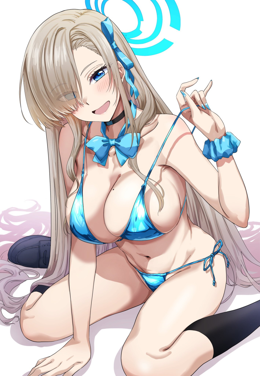 1girl absurdly_long_hair arm_support asuna_(blue_archive) bare_shoulders bikini blonde_hair blue_archive blue_bikini blue_bow blue_bowtie blue_eyes blue_ribbon blush bow bowtie breasts cleavage hair_over_one_eye hair_ribbon halo highres large_breasts light_brown_hair long_hair looking_at_viewer mole mole_on_breast navel official_alternate_costume open_mouth ribbon run_p_(aveton) shiny_swimsuit simple_background sitting smile solo string_bikini swimsuit very_long_hair wariza white_background