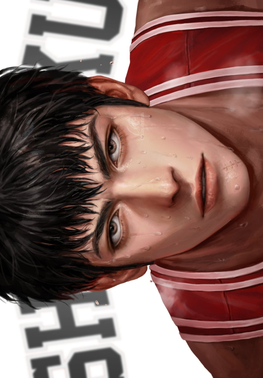 1boy basketball_uniform black_hair brown_eyes character_request highres kimonggun looking_at_viewer male_focus portrait realistic scar_on_chin simple_background slam_dunk_(series) solo sportswear sweatdrop white_background