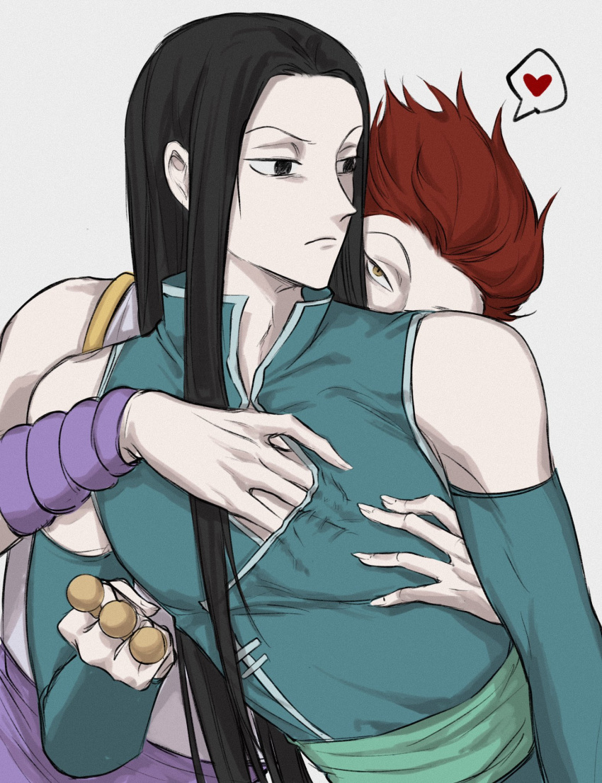 2boys bare_shoulders black_hair empty_eyes enyalee frown hair_slicked_back hand_under_clothes heart highres hisoka_morow holding holding_needle hunter_x_hunter illumi_zoldyck large_pectorals long_hair male_focus multiple_boys needle official_alternate_costume pectorals reach-around red_hair short_hair sleeveless spoken_heart upper_body yaoi