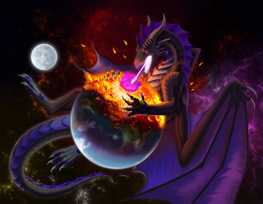 beam black_body black_scales claws cosmic_background destruction digital_media_(artwork) dragon earth energy_beam feet feral fire ghostoflight hi_res horn international_space_station macro male membrane_(anatomy) moon nebula open_mouth paws planet purple_body red_eyes scales scalie shadowcloud size_difference solo space stripes tail teeth terra_macro toes tongue western_dragon wings