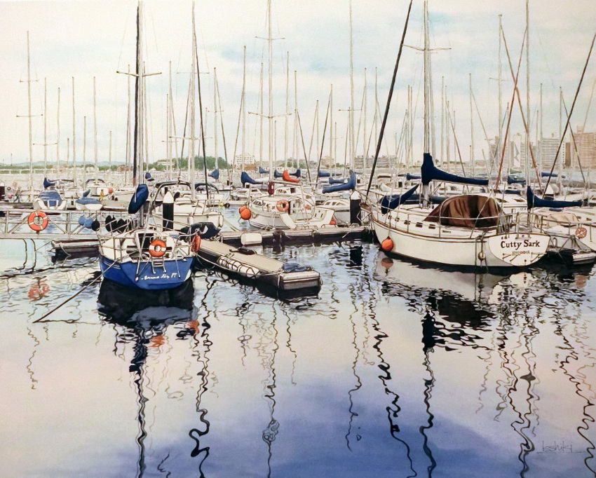 building city day english_text harbor highres lifebuoy original painting_(medium) pier reflection reflective_water scenery shore toirom_pmxh traditional_media water watercolor_(medium) yacht