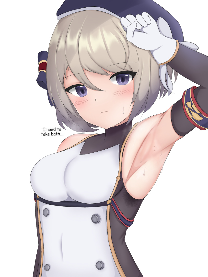 1girl arm_up armpits azur_lane highres presenting_armpit ryzeon sleeveless smell stain stained_clothes steam steaming_body sweat sweaty_clothes z23_(azur_lane)