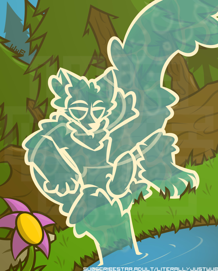 anthro balls canid canine canis crossgender elemental_creature empty_eyes flower foot_in_water forest genitals grass hadva_(wub) hand_behind_head hi_res inner_ear_fluff knot long_tail male mammal neck_tuft nude one_leg_up plant pond raised_leg rock signature sitting smile solo tail text translucent translucent_body tree tuft url water water_creature watermark wolf wub_(artist)