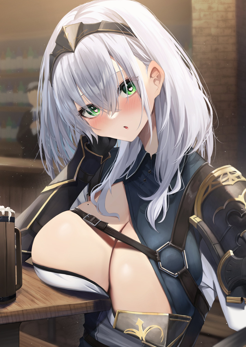 1girl absurdres amane_sora armor beer_mug blush breast_rest breasts chest_harness cleavage cleavage_cutout clothing_cutout cup elbow_rest green_eyes grey_hair hair_between_eyes harness headband heart heart-shaped_pupils highres hololive indoors large_breasts long_hair looking_at_viewer mole mole_on_breast mug open_mouth restaurant shirogane_noel shirogane_noel_(1st_costume) sitting solo_focus symbol-shaped_pupils unaligned_breasts upper_body virtual_youtuber