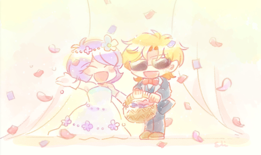 2boys :d ^_^ arm_up artist_name basket black_jacket black_pants blonde_hair bow bowtie brown_footwear char_aznable chibi closed_eyes confetti curtains dress flower garma_zabi gloves gundam hair_flower hair_ornament holding holding_basket husband_and_husband jacket long_dress long_sleeves male_focus mobile_suit_gundam multiple_boys open_mouth pants petals purple_hair red_bow red_bowtie shiikura shirt short_hair signature smile standing strapless strapless_dress sunglasses traditional_bowtie tuxedo waistcoat watercolor_effect wedding_dress white_dress white_gloves white_shirt