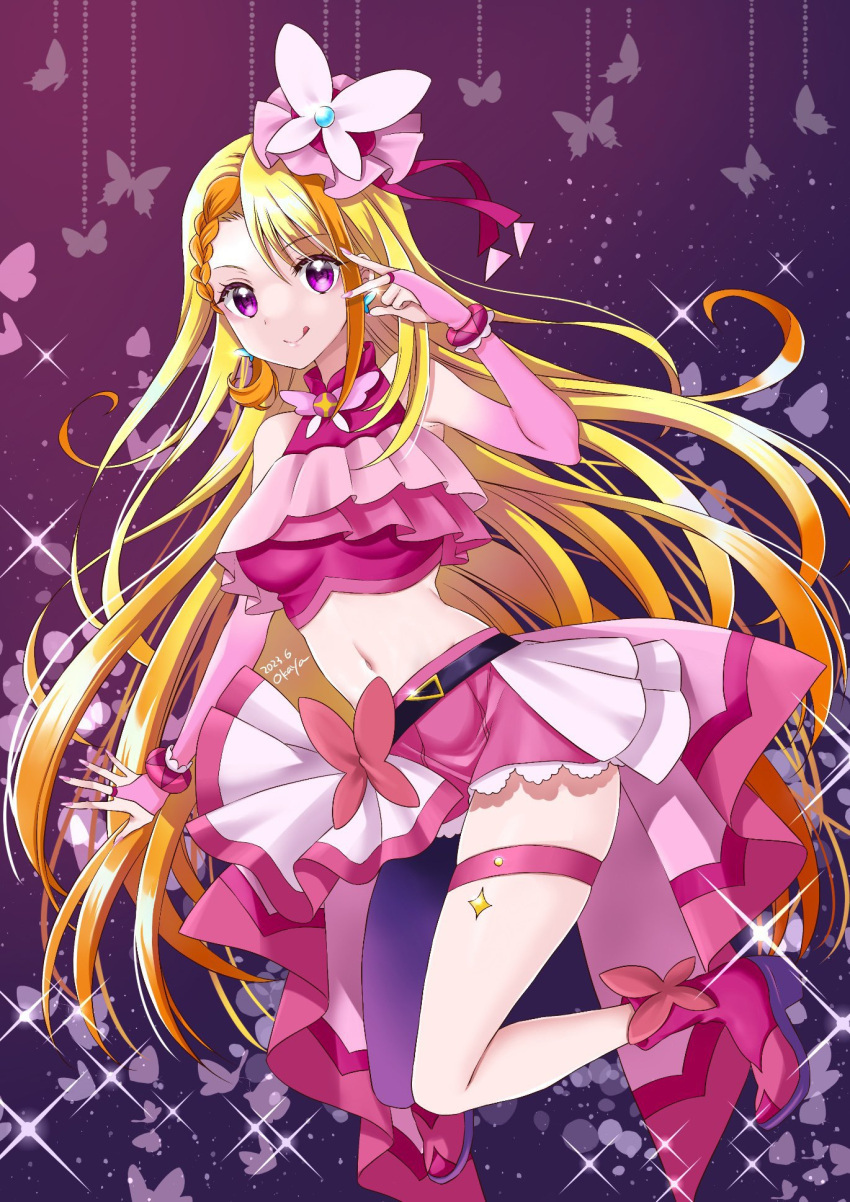 1girl belt_bow blonde_hair breasts brooch butterfly_background butterfly_earrings clear_glass_(mildmild1311) cure_butterfly day earrings gradient_background highres hijiri_ageha hirogaru_sky!_precure jewelry long_hair magical_girl medium_breasts midriff okayashi precure purple_background purple_eyes single_leg_pantyhose skirt smile solo very_long_hair wing_brooch