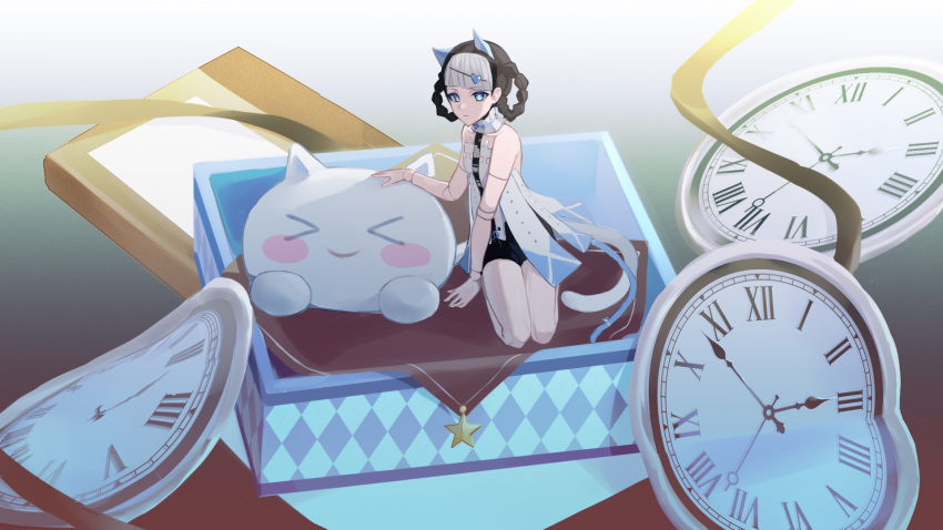 1girl animal_ears bambinata_(punishing:_gray_raven) bare_arms bare_legs bare_shoulders black_hair black_leotard blunt_bangs box braided_hair_rings cat_ears cat_girl cat_tail clock collar collarbone detached_collar doll_joints dress frilled_collar frills full_body hair_ornament hairclip handkerchief heart heart-shaped_pupils heart_hair_ornament highres in_box in_container joints karin_(2290463757) leotard looking_at_viewer mechanical_parts multicolored_hair petite punishing:_gray_raven ribbon seiza short_hair sitting solo stuffed_animal stuffed_cat stuffed_toy surreal symbol-shaped_pupils tail tail_ornament tail_ribbon two-tone_hair white_dress white_hair white_ribbon
