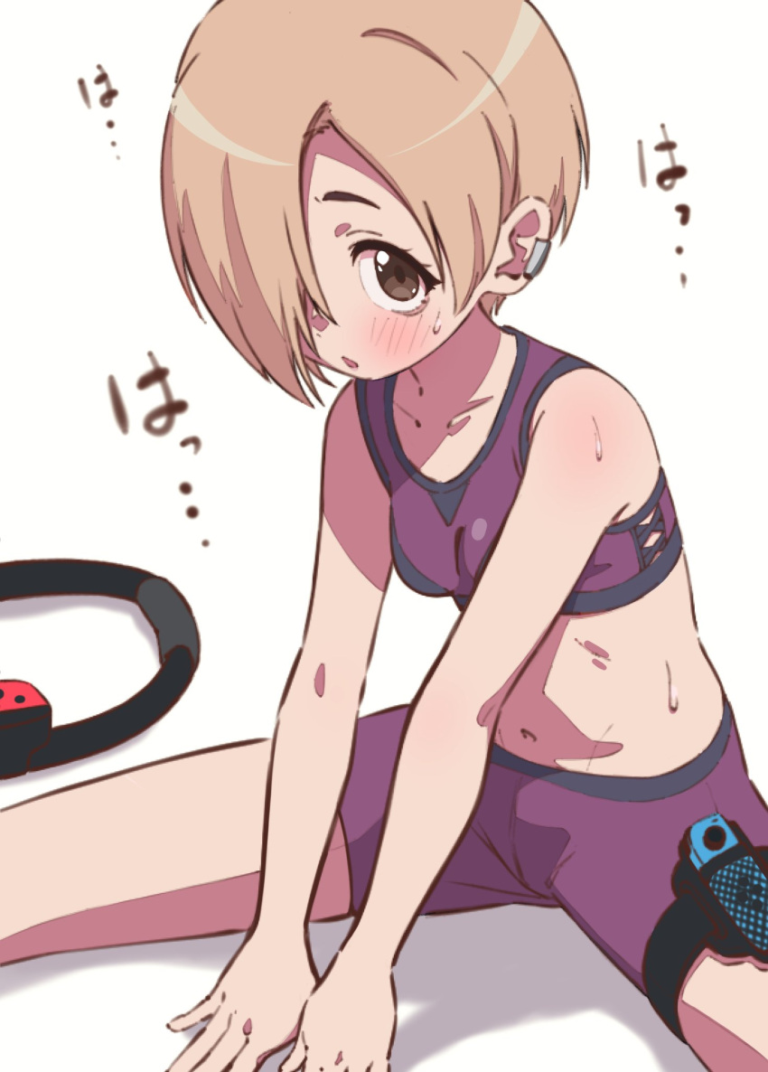 1girl arms_between_legs bare_shoulders blonde_hair blush breathing brown_eyes collarbone controller crop_top cropped_shirt exhausted flat_chest game_controller hair_over_one_eye highres idolmaster idolmaster_cinderella_girls idolmaster_cinderella_girls_starlight_stage illust_audio looking_at_viewer midriff navel nintendo_switch open_mouth purple_shirt purple_shorts ring_fit_adventure shirasaka_koume shirt short_hair shorts simple_background sitting solo spread_legs sweat thigh_strap white_background