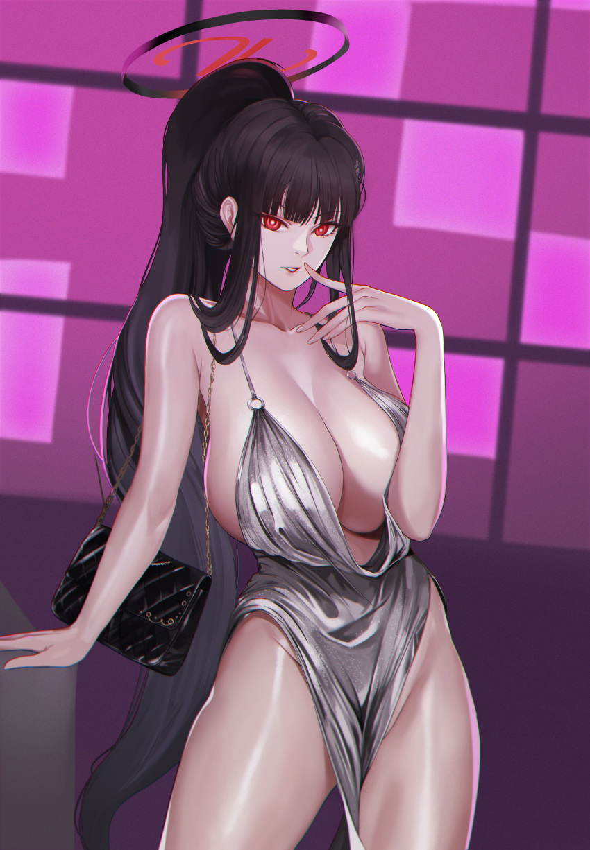1girl absurdres bag black_hair blue_archive breasts cosplay dress evening_gown gcg halo hand_up handbag high_ponytail highres large_breasts long_hair parted_lips pelvic_curtain red_eyes rio_(blue_archive) sideboob sidelocks silver_dress solo st._louis_(azur_lane) st._louis_(azur_lane)_(cosplay) st._louis_(luxurious_wheels)_(azur_lane) thighs very_long_hair