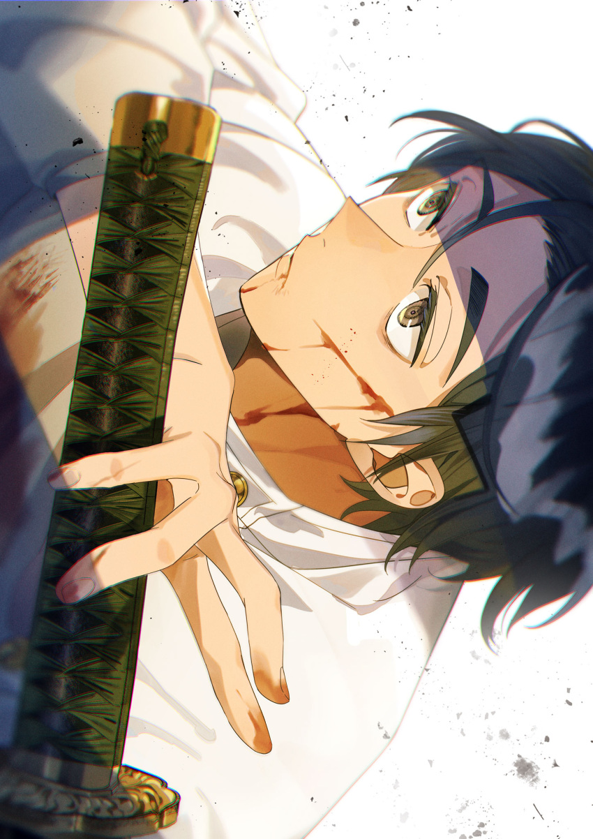 1boy black_eyes black_hair blood blood_on_face hand_up highres holding holding_sword holding_weapon jacket jujutsu_kaisen katana looking_away male_focus okkotsu_yuuta portrait s_o_i short_hair sideways solo sword weapon white_background white_jacket