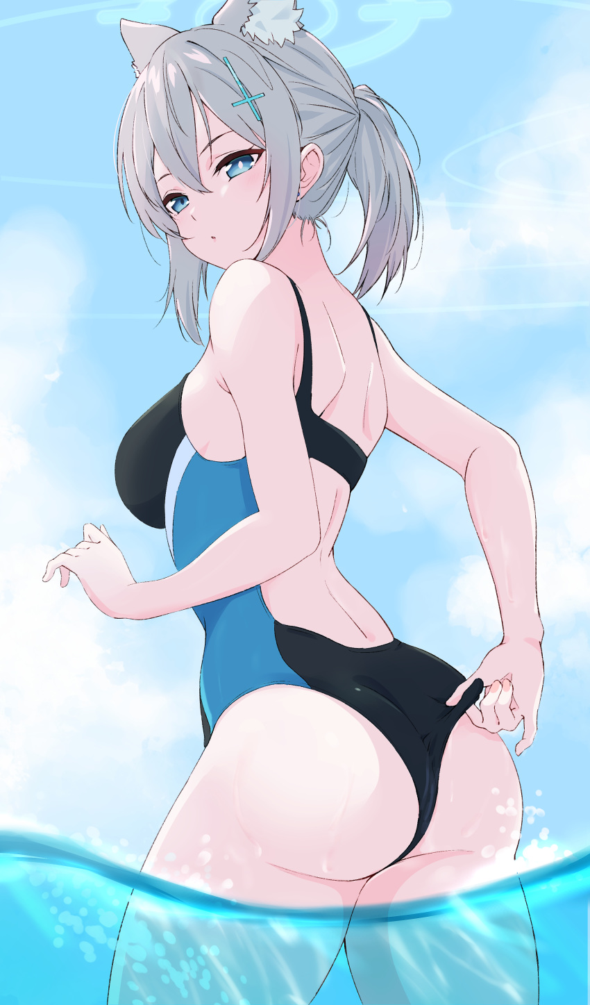 1girl absurdres adjusting_clothes adjusting_swimsuit animal_ear_fluff animal_ears ass back bare_shoulders black_hair black_one-piece_swimsuit blue_archive blue_eyes blue_halo blush breasts competition_swimsuit cross_hair_ornament day extra_ears from_behind grey_hair hair_ornament halo highleg highleg_swimsuit highres long_hair looking_at_viewer looking_back medium_breasts medium_hair mismatched_pupils mtoan multicolored_clothes multicolored_swimsuit official_alternate_costume one-piece_swimsuit outdoors ponytail shiroko_(blue_archive) shiroko_(swimsuit)_(blue_archive) sidelocks sky solo swimsuit two-tone_swimsuit water wolf_ears