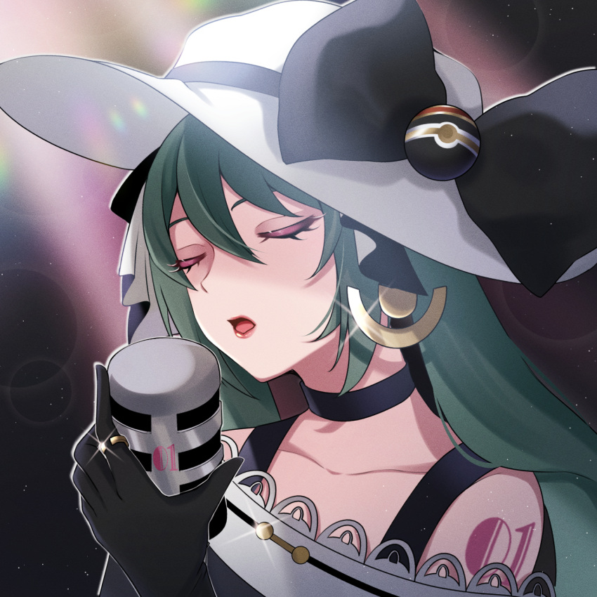 1girl black_bow black_choker black_gloves bow choker closed_eyes dark_miku_(project_voltage) earrings gloves green_hair hat hat_bow hatsune_miku highres jewelry luxury_ball microphone music off_shoulder poke_ball pokemon project_voltage ring sani_(saaanii) singing twintails vocaloid