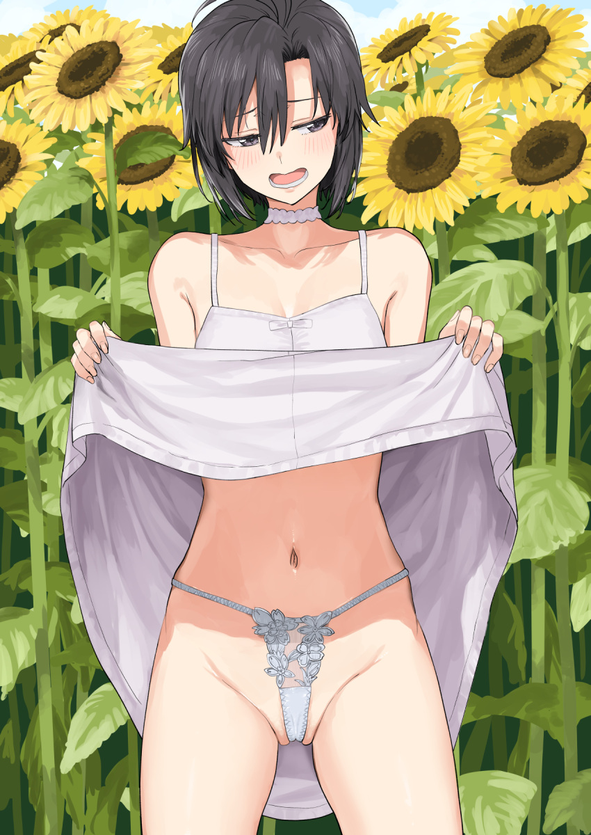 1girl averting_eyes black_hair blush cameltoe choker clothes_lift collarbone commentary_request covered_clitoris dress dress_lift field flower flower_field groin highres idolmaster idolmaster_(classic) idolmaster_million_live! kikuchi_makoto lifted_by_self navel outdoors panties purple_eyes short_hair solo stomach sunflower sunflower_field thong tsurui underwear white_choker white_panties