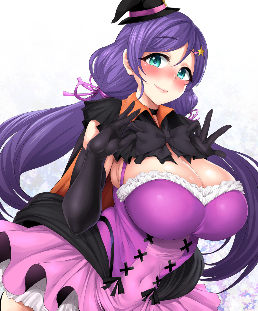 1girl absurdres black_bow black_bowtie black_gloves black_headwear black_ribbon blue_eyes blush bow bowtie breasts cleavage closed_mouth covered_navel dancing_stars_on_me! dress elbow_gloves gloves hair_ornament hair_ribbon hands_up hat highres huge_breasts katsura_harufumi long_hair looking_at_viewer love_live! purple_dress purple_hair purple_ribbon ribbon solo star_(symbol) star_hair_ornament toujou_nozomi twintails witch_hat