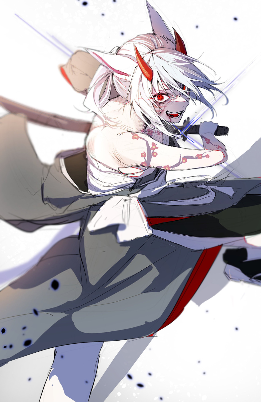 1girl absurdres animal_ears anoyo_(anoyode0) cat_ears cat_tail facial_mark final_fantasy final_fantasy_xiv highres holding holding_sword holding_weapon horns japanese_clothes katana long_hair miqo'te open_mouth ponytail red_eyes red_horns smile solo sword tail weapon whisker_markings white_hair