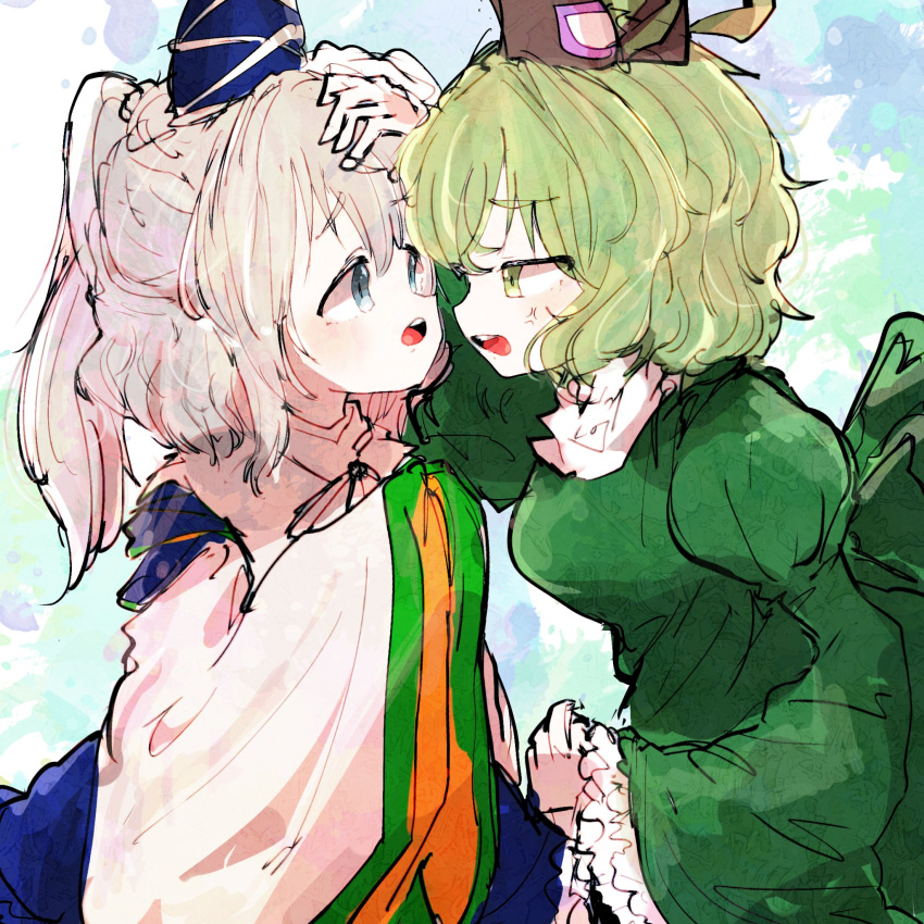 2girls anger_vein black_headwear blue_headwear commentary dress green_dress green_eyes green_hair grey_eyes grey_hair hand_on_another's_head hat highres japanese_clothes juliet_sleeves kariginu long_sleeves looking_at_another maki_(osobabouro) medium_hair mononobe_no_futo multiple_girls ofuda ofuda_on_clothes open_mouth ponytail puffy_sleeves short_hair soga_no_tojiko tate_eboshi teeth touhou upper_teeth_only wide_sleeves