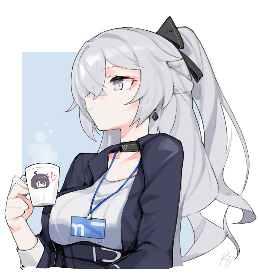 1girl absurdres black_jacket blue_background breasts bronya_zaychik bronya_zaychik_(silverwing:_n-ex) closed_mouth cropped_torso cup earrings error1980 grey_eyes grey_hair hair_between_eyes hand_up highres holding holding_cup honkai_(series) honkai_impact_3rd jacket jewelry large_breasts long_hair long_sleeves official_alternate_costume open_clothes open_jacket pink_pupils seele_vollerei solo two-tone_background upper_body white_background