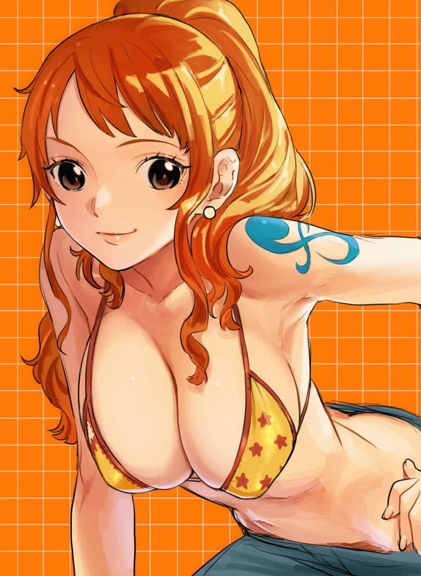 1girl armpit_crease bare_shoulders bikini bikini_top_only blue_pants breasts brown_eyes butt_crack cleavage collarbone commentary denim earrings grid_background hair_behind_ear hand_on_own_hip high_ponytail highres jeans jewelry large_breasts leaning_forward lips long_hair midriff nami_(one_piece) navel official_alternate_costume official_alternate_hairstyle one_piece orange_background orange_hair pants pearl_earrings print_bikini shoulder_tattoo sidelocks smile solo star_(symbol) star_print swimsuit symbol-only_commentary tattoo urasanmyaku yellow_bikini