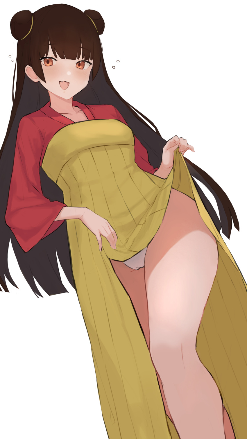 :d absurdres black_hair black_survival blush brown_eyes cameltoe clothes_lift double_bun hair_bun hiepita97 highres li_dailin lifted_by_self long_hair open_mouth panties simple_background skirt skirt_lift smile underwear white_background white_panties