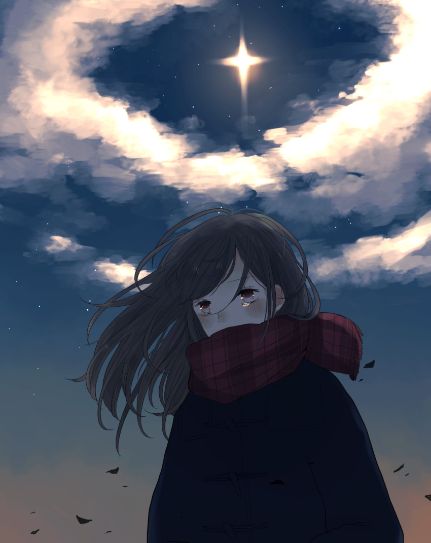 1girl black_coat blush brown_hair chiri_yo cloud coat falling_leaves highres leaf long_hair night night_sky nose_blush original plaid plaid_scarf polaris_(star) scarf scarf_over_mouth sky solo star_(sky) tears wind