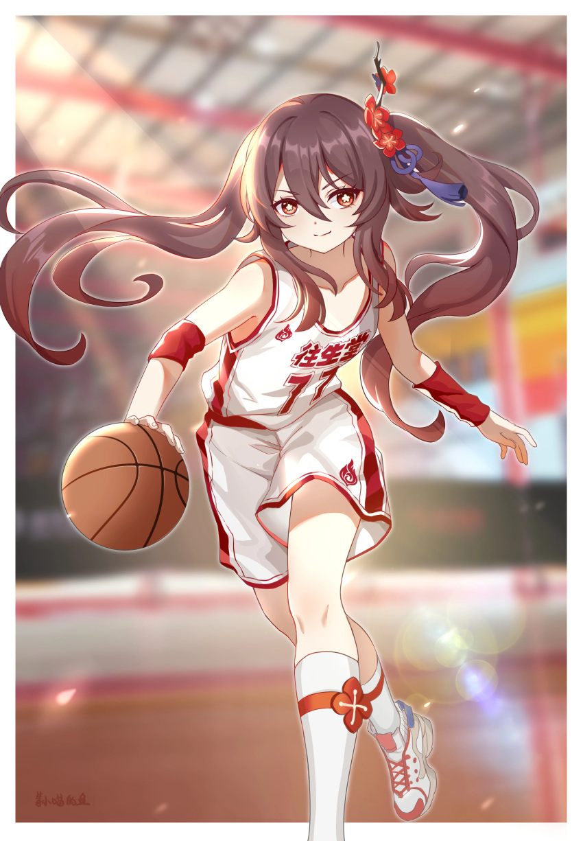 1girl absurdres basketball brown_hair flat_chest flower flower-shaped_pupils highres hu_tao_(genshin_impact) loose_clothes loose_shirt non-web_source red_eyes red_flower shirt symbol-shaped_pupils white_shirt