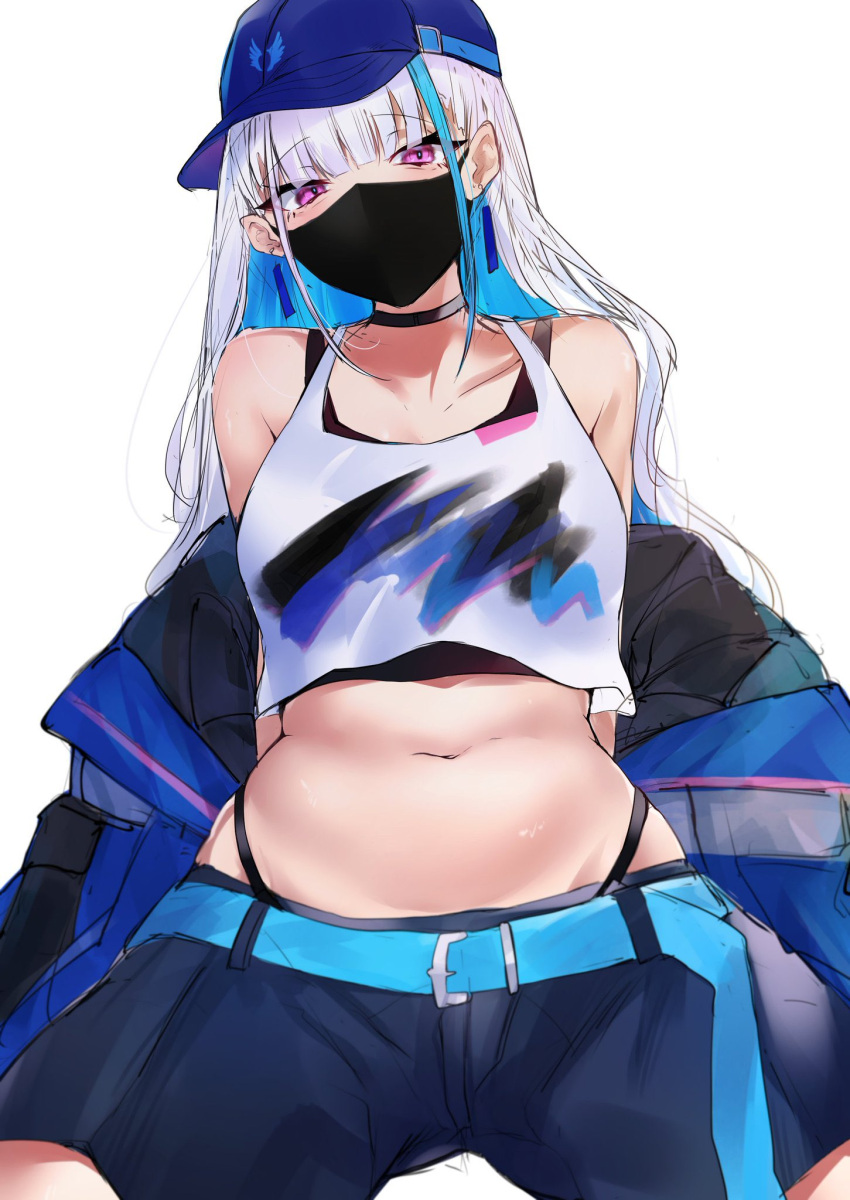 1girl bare_shoulders baseball_cap black_choker black_mask blue_hair blue_jacket breasts choker garter_straps hat highres jacket lize_helesta lize_helesta_(9th_costume) long_hair long_sleeves mask medium_breasts midriff mouth_mask multicolored_hair navel nijisanji off_shoulder open_clothes open_jacket purple_eyes shirt sitting sleeveless sleeveless_shirt solo virtual_youtuber white_hair white_shirt yuki_maccha_(yukimattya10)