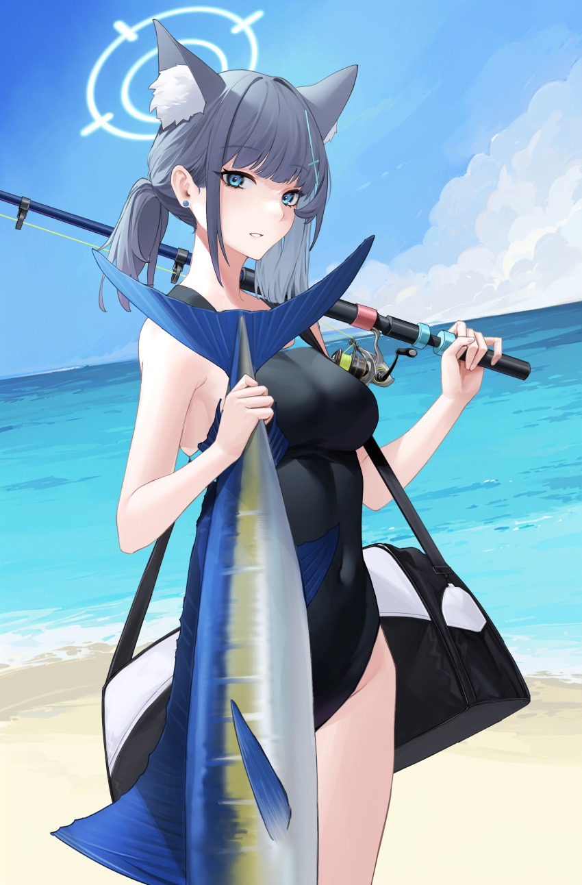 1girl absurdres animal_ear_fluff animal_ears bag beach black_one-piece_swimsuit blue_archive blue_eyes blue_sky breasts cloud competition_swimsuit covered_navel cowboy_shot cross_hair_ornament day extra_ears fish fishing_rod grey_hair hair_ornament halo highres horizon kuroja low_ponytail marlin_(fish) medium_breasts medium_hair mismatched_pupils multicolored_clothes multicolored_swimsuit ocean official_alternate_costume one-piece_swimsuit outdoors shiroko_(blue_archive) shiroko_(swimsuit)_(blue_archive) sky solo swimsuit wolf_ears