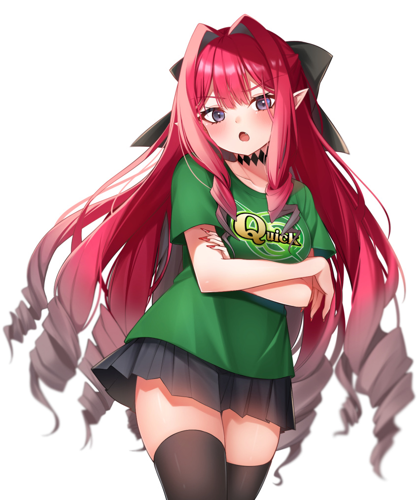 1girl :o baobhan_sith_(fate) black_skirt black_thighhighs blush bow breasts crossed_arms drill_hair fang fate/grand_order fate_(series) green_shirt grey_eyes hair_bow highres hoshino_reiji long_hair looking_at_viewer miniskirt nail_polish open_mouth pink_hair pointy_ears quick_shirt red_nails shirt short_sleeves sidelocks simple_background skirt solo t-shirt thighhighs