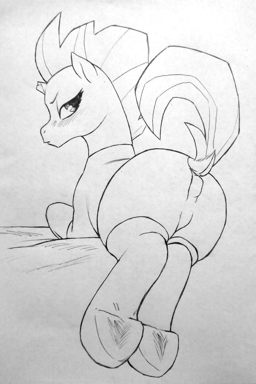 2023 absurd_res anus_outline blush broken_horn butt dock equid equine female feral friendship_is_magic hasbro hi_res hooves horn looking_back mammal monochrome my_little_pony my_little_pony:_the_movie_(2017) perrox solo tempest_shadow_(mlp) traditional_media_(artwork) unicorn