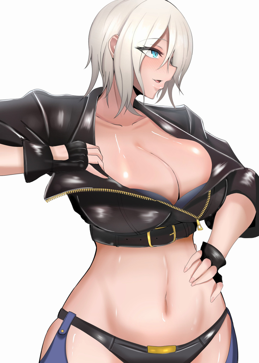 1girl absurdres angel_(kof) backless_pants blue_eyes bra breasts chaps cleavage crop_top cropped_jacket fingerless_gloves gaccocha gloves hair_over_one_eye hand_on_own_stomach highres jacket large_breasts leather leather_jacket midriff navel open_mouth panties pants revealing_clothes short_hair simple_background snk solo strapless strapless_bra the_king_of_fighters the_king_of_fighters_xiv toned underwear white_hair