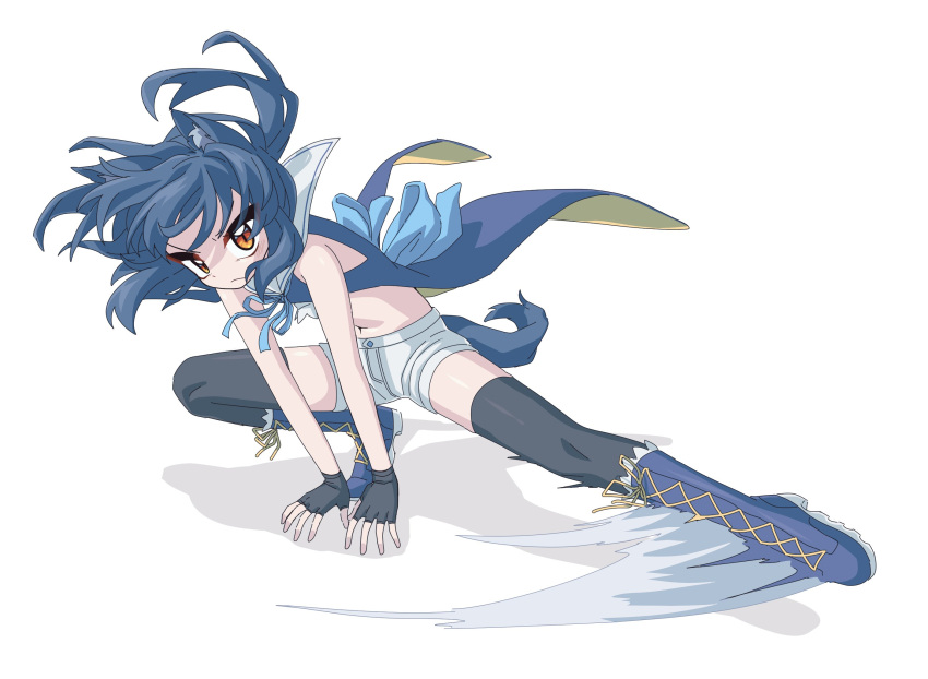 1girl animal_ear_fluff animal_ears apuferu arm_support bare_shoulders black_gloves black_thighhighs blue_footwear blue_hair blue_jacket boots commentary_request crop_top cross-laced_footwear fingerless_gloves full_body gloves highres jacket lace-up_boots leg_sweep long_hair looking_at_viewer midriff navel original red_eyes shadow short_shorts shorts simple_background smear_frame solo tail thighhighs thighhighs_under_boots v-shaped_eyebrows white_background white_shorts