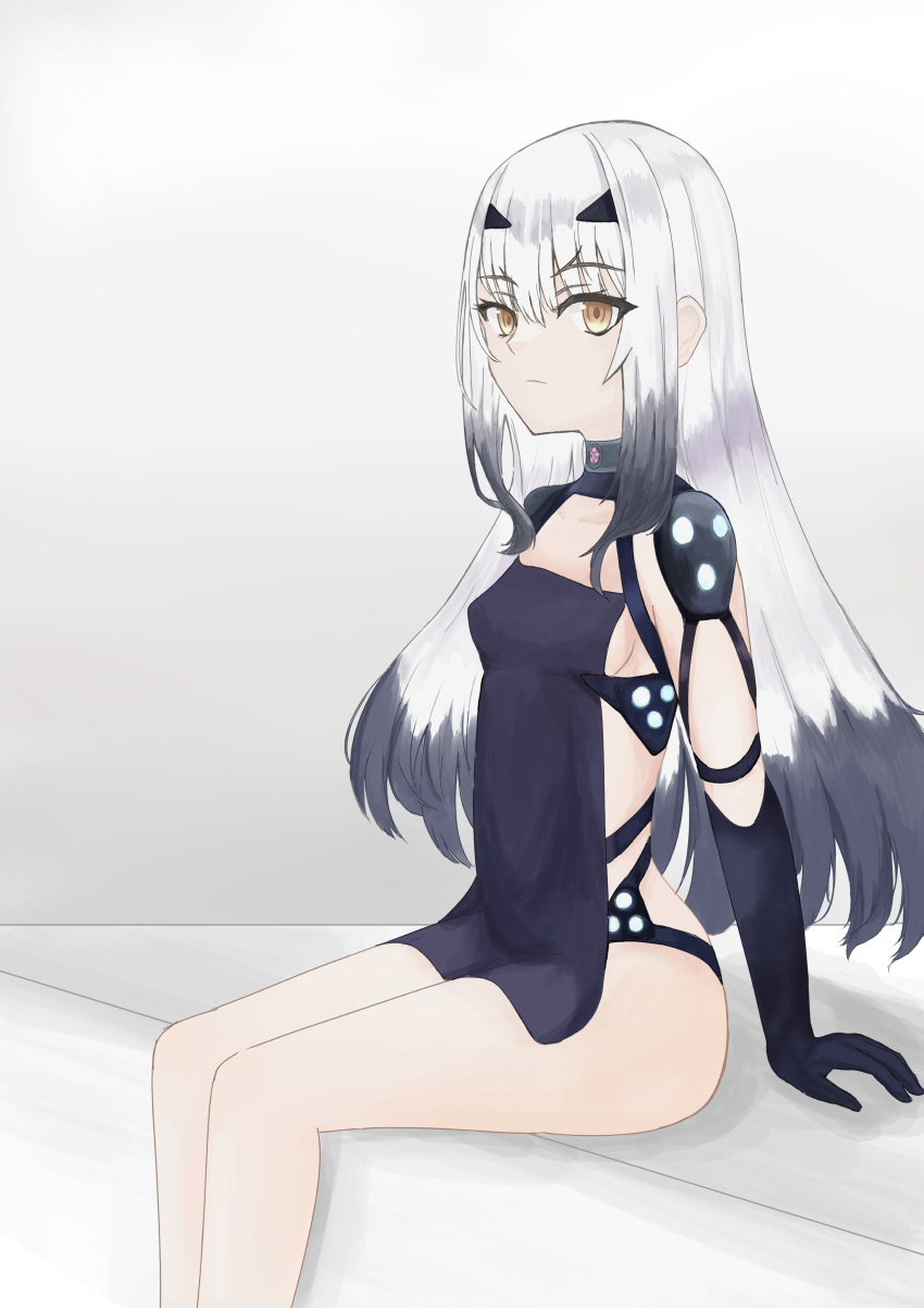 1girl absurdres black_hair breasts colored_tips debu35p fate/grand_order fate_(series) feet_out_of_frame highres looking_at_viewer melusine_(fate) multicolored_hair simple_background sitting small_breasts solo white_background white_hair yellow_eyes