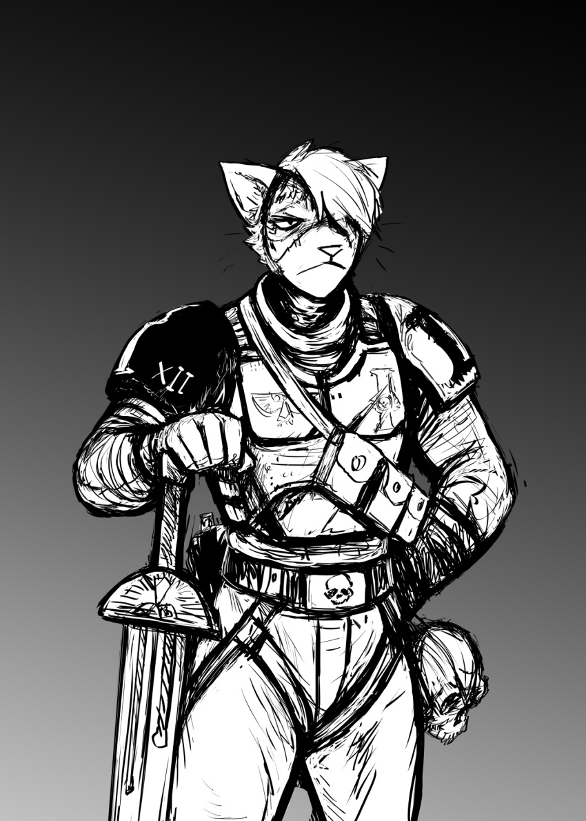 2023 anthro armor astra_militarum black_and_white bone breastplate cat_knight clothing darktide domestic_cat facial_scar felid feline felis female gradient_background hi_res hladilnik holding_object holding_sword holding_weapon imperial_guard inquisition inquisitor mammal melee_weapon military_uniform monochrome power_sword scar simple_background skull solo sword uniform warhammer_(franchise) warhammer_40000 weapon