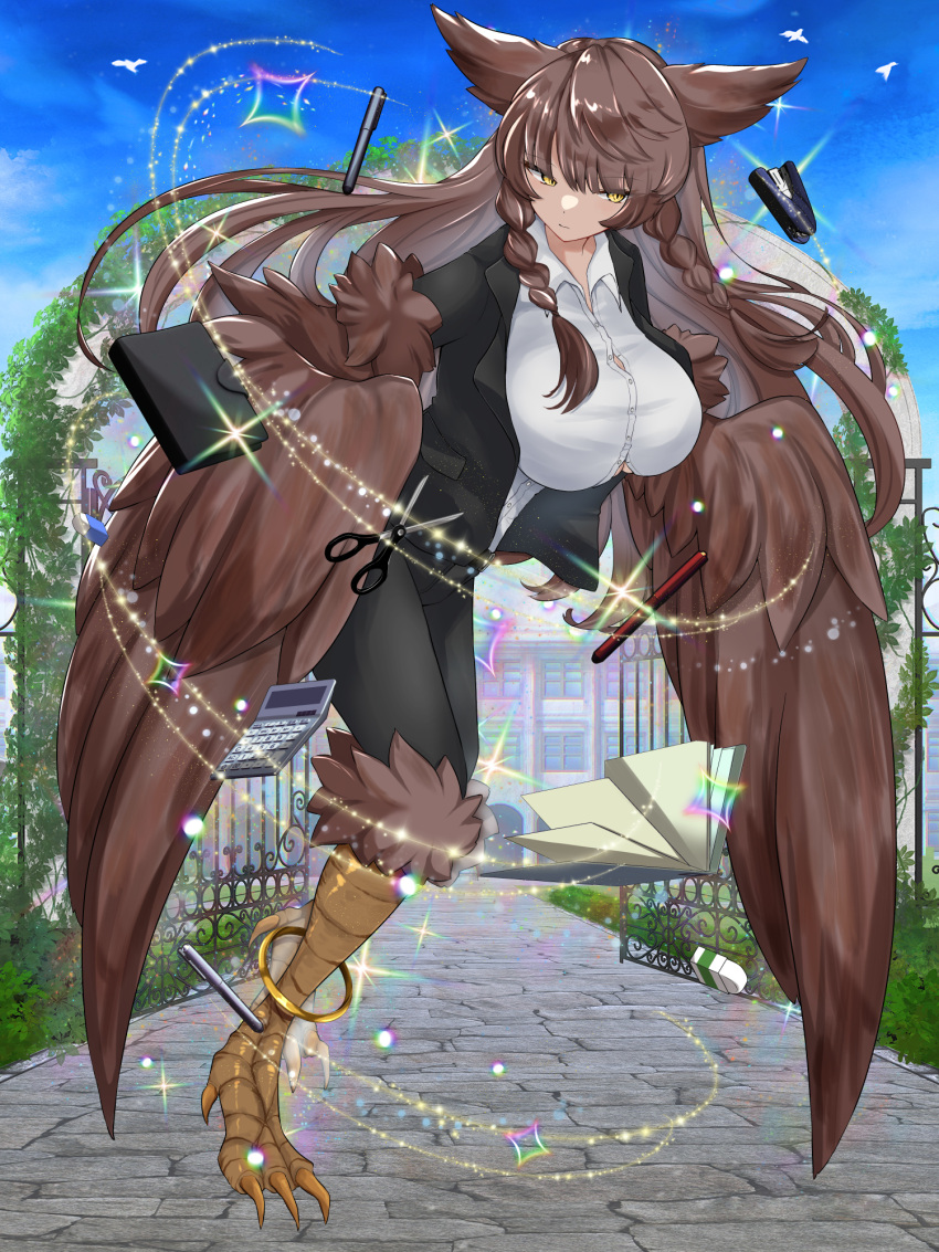 1girl anklet aura_venefika bird_legs black_pants black_suit blunt_bangs book braid breasts brown_wings calculator dairoku_ryouhei day eraser feathered_wings formal full_body hair_wings harpy highres huge_breasts jewelry long_hair monster_girl negitoro_gunkan office_lady outdoors pants pen scissors shirt solo stapler suit twin_braids very_long_hair white_shirt wings yellow_eyes