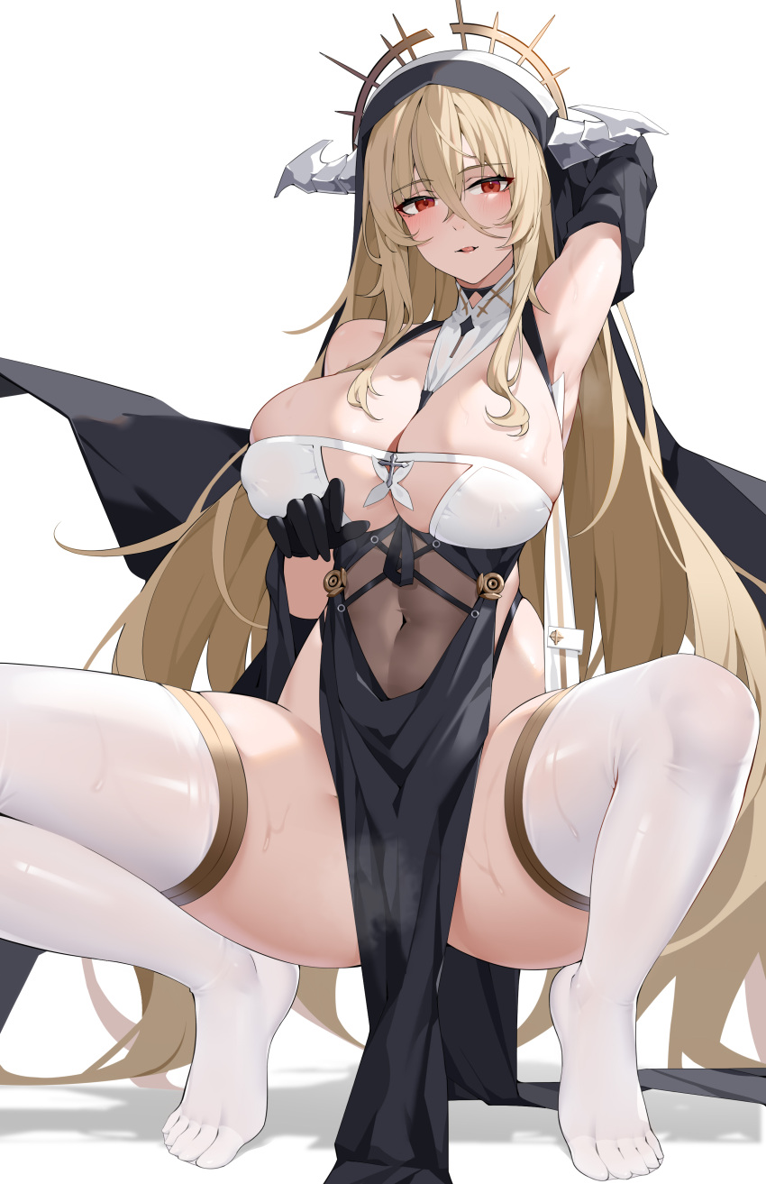 1girl absurdres armpits azur_lane bare_shoulders black_gloves blonde_hair blush breast_cutout breasts detached_sleeves gloves habit hair_between_eyes halterneck highres horns huge_breasts implacable_(azur_lane) looking_at_viewer no_shoes nun orange_eyes solo spread_legs squatting thighhighs tongue tongue_out two-tone_dress white_thighhighs wsfw