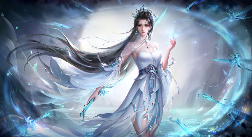 1girl absurdres arm_up bare_legs breasts closed_mouth dress earrings expressionless facial_mark floating floating_object floating_sword floating_weapon forehead_mark highres holding holding_sword holding_weapon jewelry looking_at_viewer lu_xueqi_(zhu_xian) medium_breasts reverse_grip second-party_source solo sword tiara upper_body water weapon white_dress xianxian_jintian_huahua_liao_mei zhu_xian